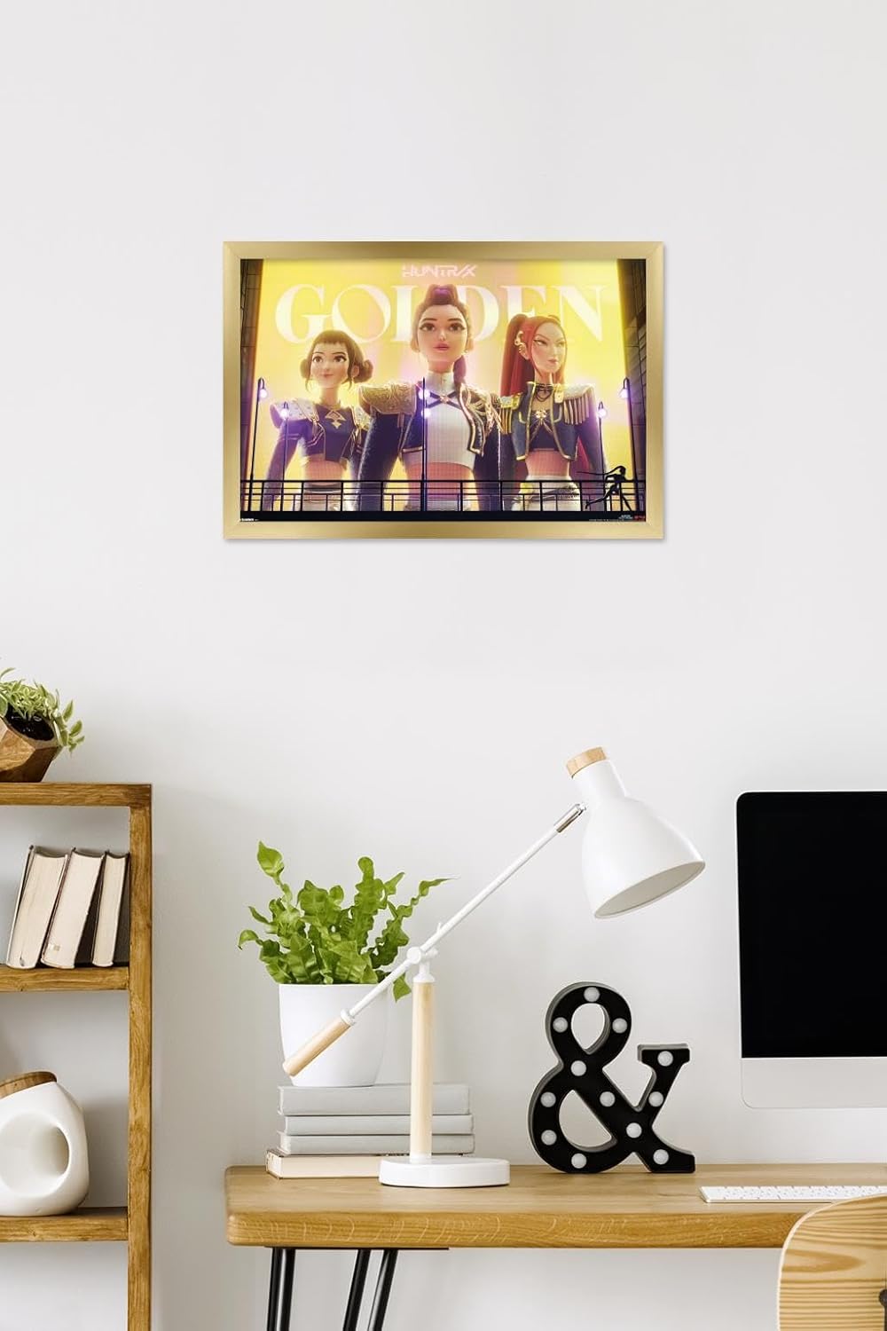 netflix kpop demon hunters (2025) - huntrix golden wall poster, 22.4l" x 14.7w", gold framed version gold framed version 22.4"l x 14.7"w