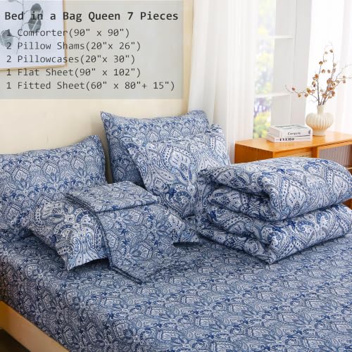 Image of lasoftan Floral Queen Comforter Set with Sheets, 7 piece Luxury Vintage Bedding, Soft Microfiber Bed in a Bag, Cozy Lightweight Bed Set, Blue Paisley