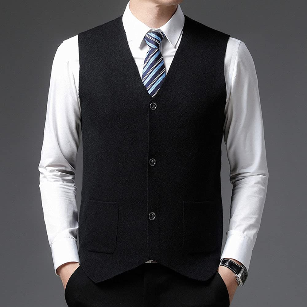 Strickweste Herren Ärmellos,Herren Strickpullover Weste Lässig Einfarbig Schwarz V-Ausschnitt Ärmellos Knöpfe Strickjacke Weste Classic Business Slim Strickweste Herbststrick Tanktops Mit Tasche