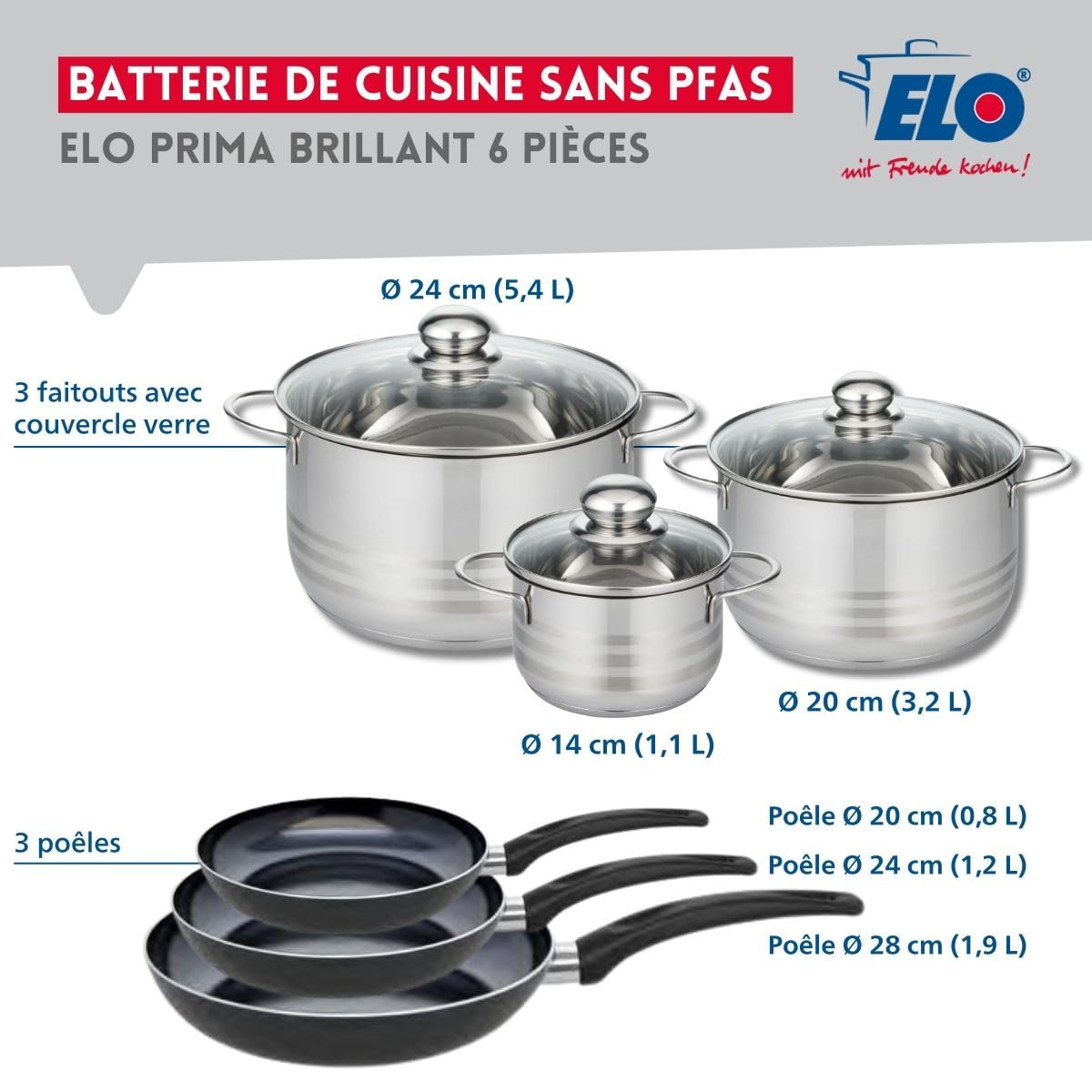 Elo Batterie cuisine 3 poêles 20/24/28 cm et 3 faitouts 14/20/24 cm | Cuisson homogène, 6 pièces pour équiper la cuisine, 3 poêles 20 24 28 cm, 3 faitouts 14 20 24 cm, Compatible induction, Inox