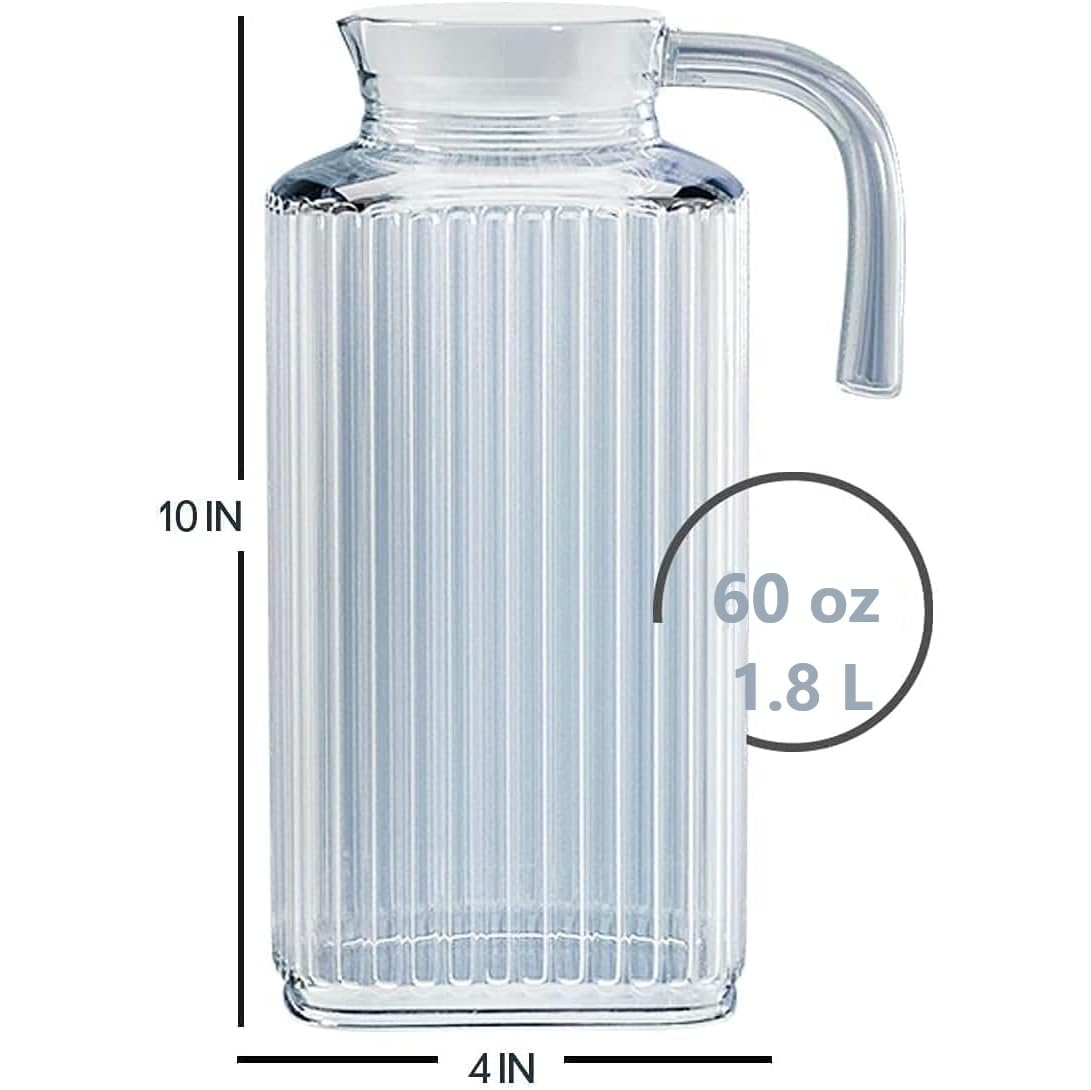 Home Essentials & Beyond - Juego de 2 jarras para nevera de 60 onzas, jarra de agua de vidrio con tapa, práctica y fácil de usar, ideal para limonada, té helado, leche, cócteles y más bebidas.