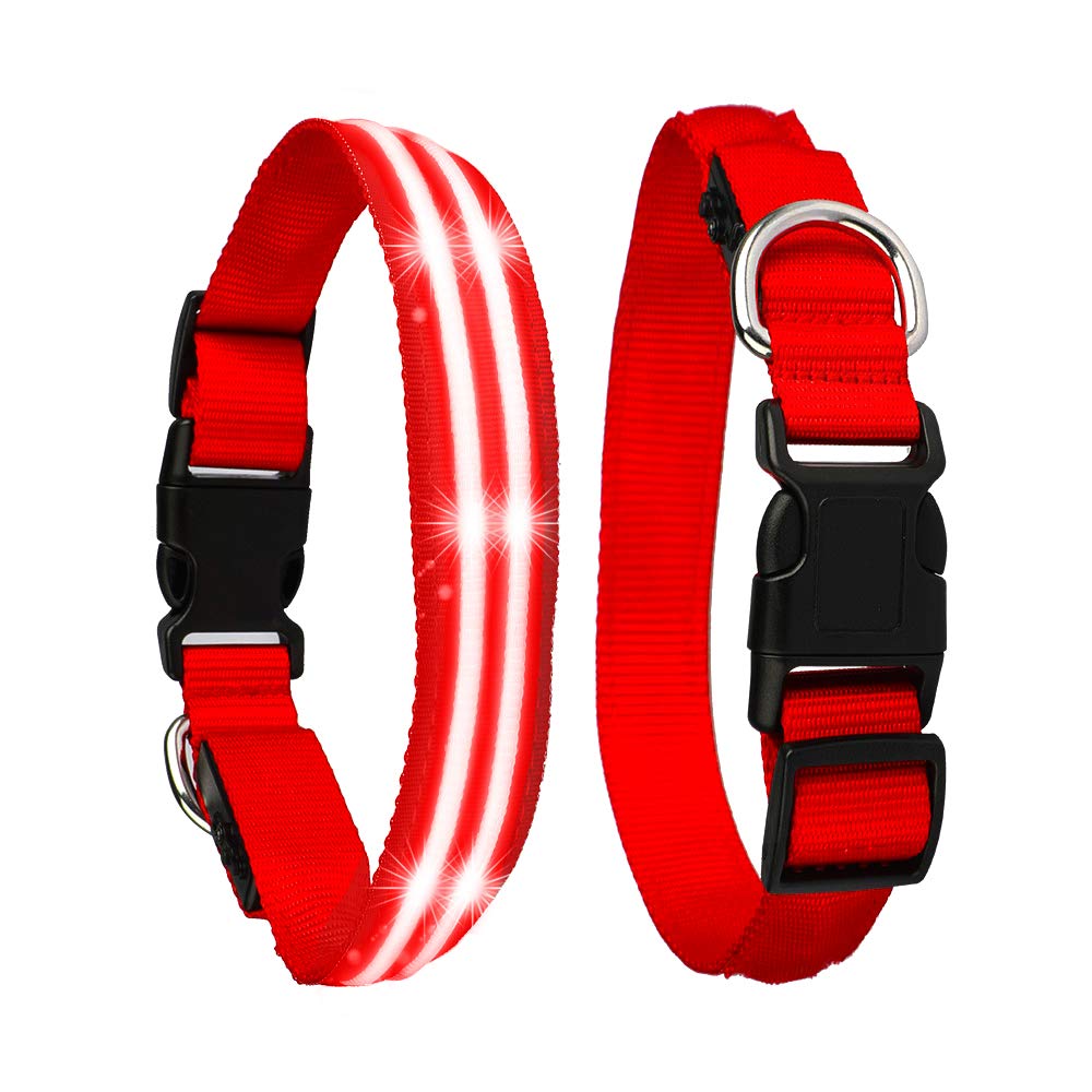 Light Up Dog Collar LED Flashing 100% Rechargeable Waterproof Adjustable Pets Collar Increased Visibility Super Bright for Medium Dog - Red - M