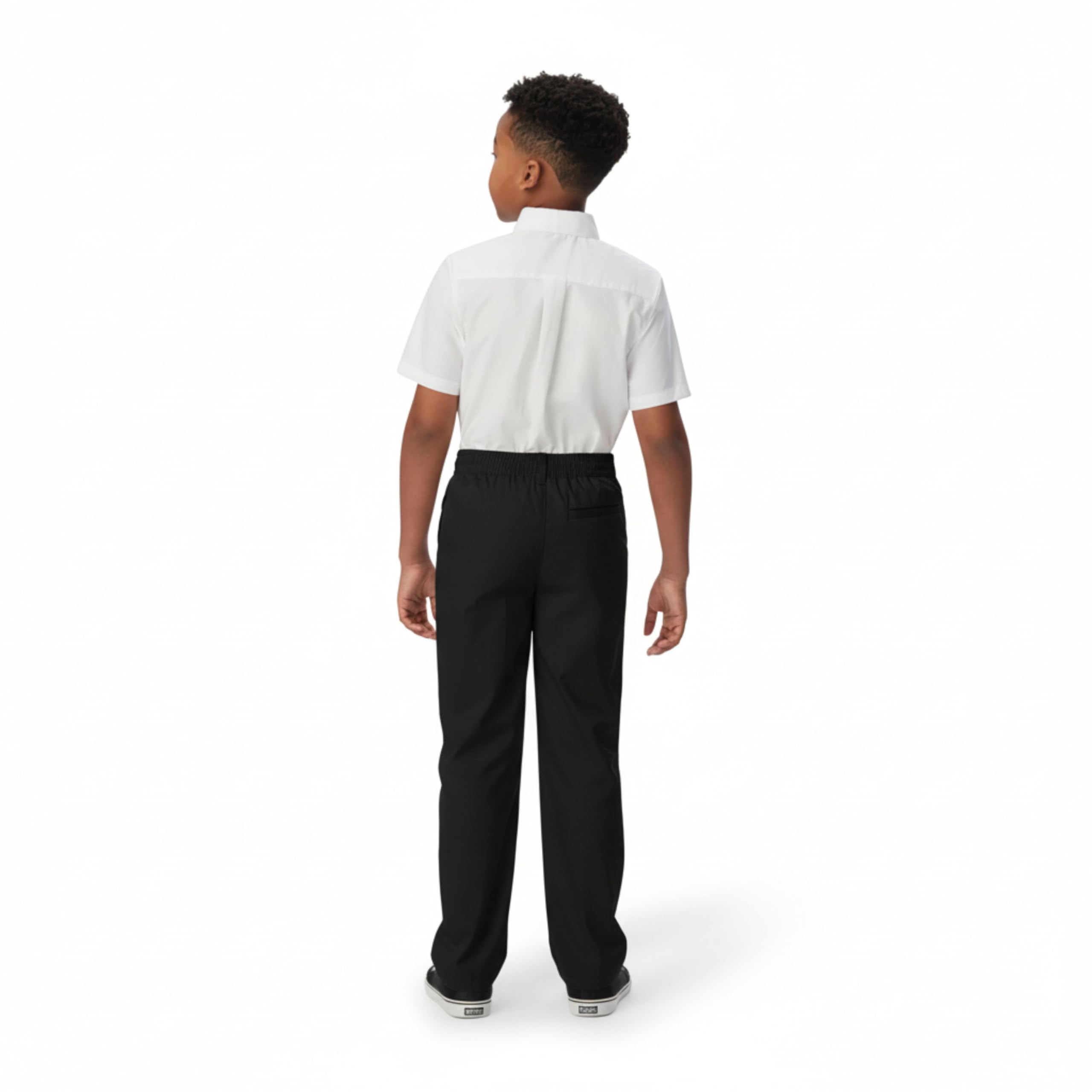 Close-up of the pull-on waistband and decorative fly button on the French Toast boys' uniform pant.