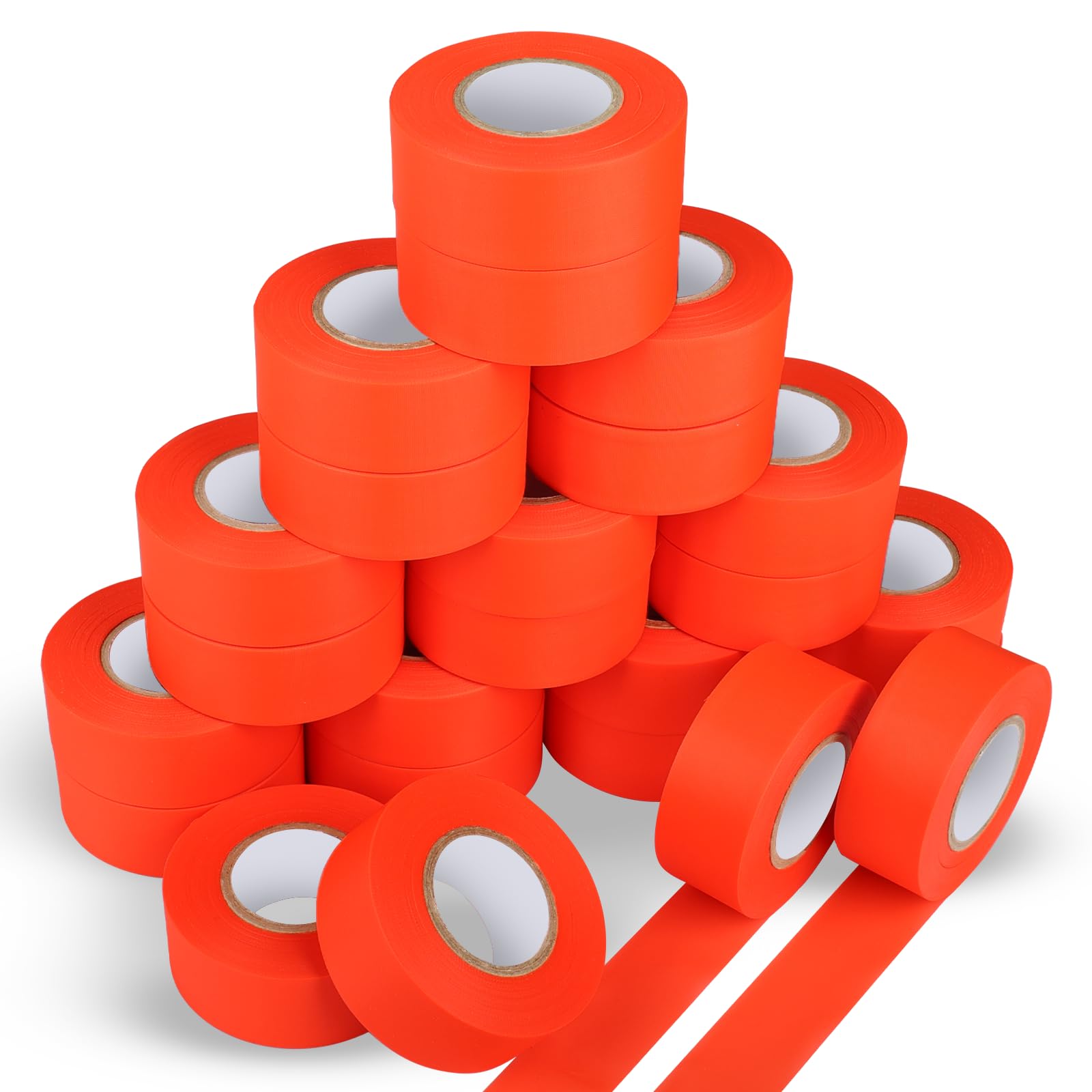Lot de 24 rouleaux de ruban de signalisation en plastique non adhésif orange fluo, 3 cm x 45,7 m, ruban de marquage pour la chasse, le marquage des arbres, le marquage des sentiers, les