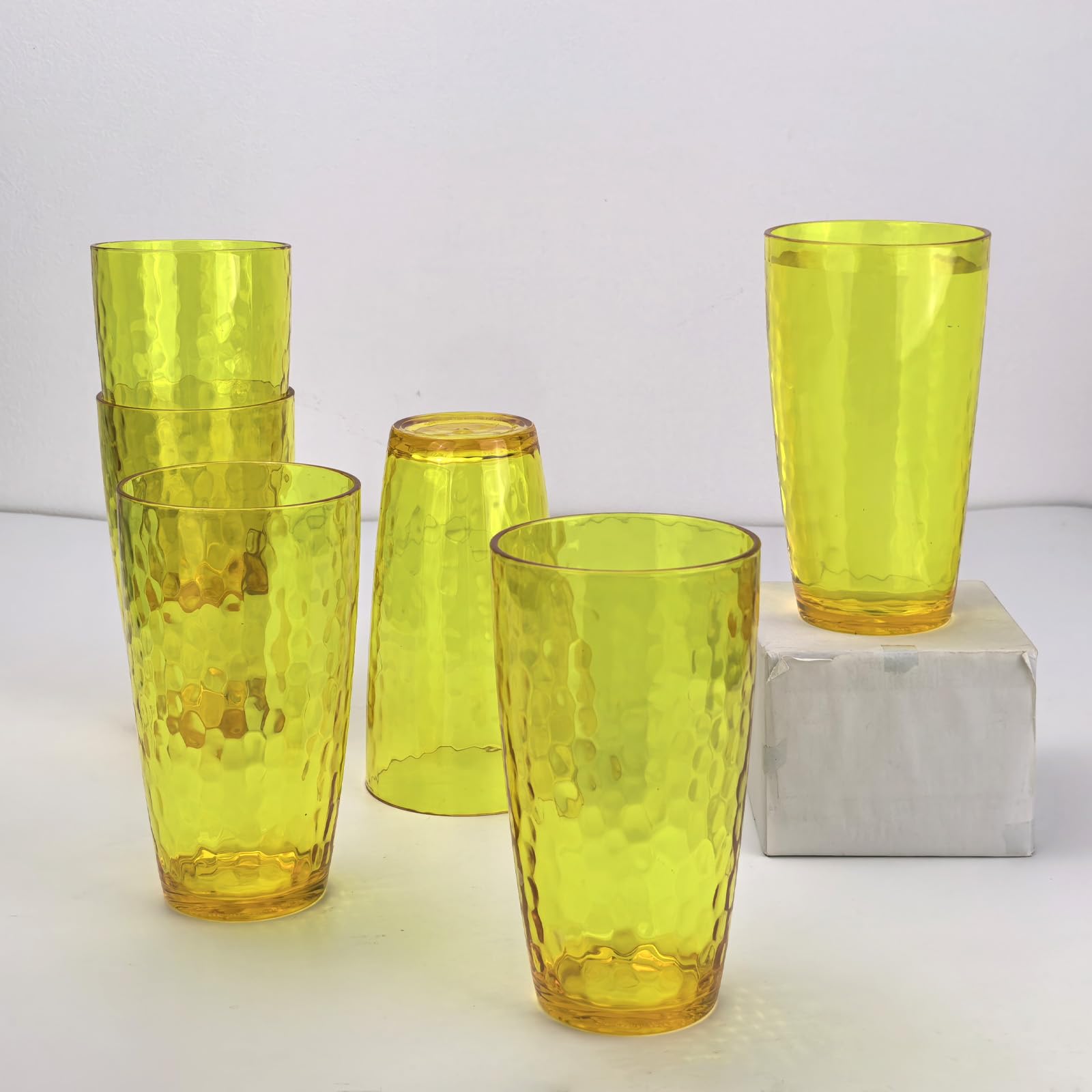 Yalin 20 Ounce Acrylic Drinking Glasses, Reusable Plastic Tumbler, Stackable, BPA-Free, Shatter Proof, Dishwasher Safe, Set of 6 Cups (Yellow)
