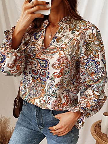 Cupshe Women Long Sleeve Boho Button Down Tops Casual Loose Fit V Neck Paisley Print Blouse Multicoloured #TOP2
