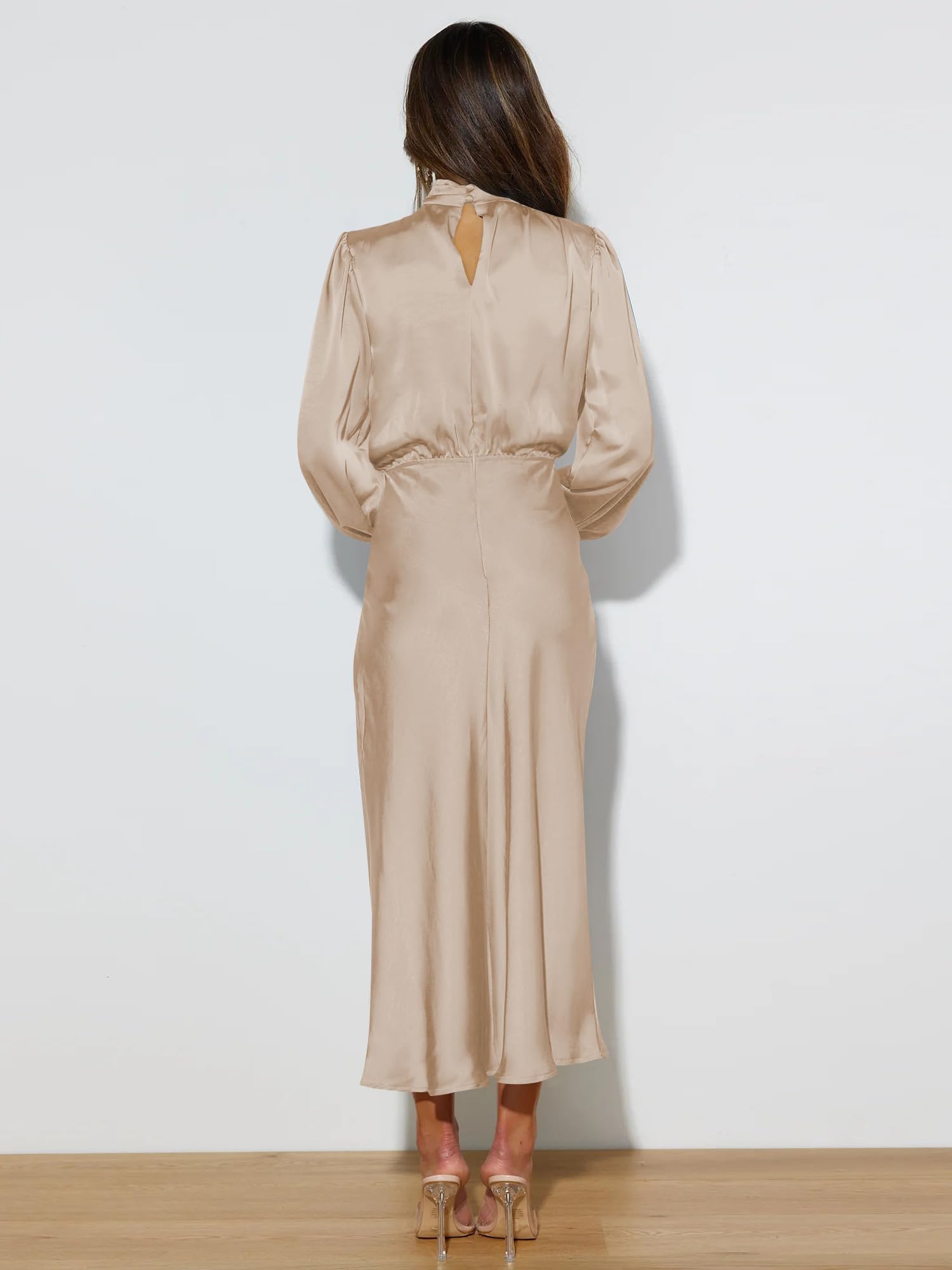 Donna Abito Lungo in Satin Increspato Maniche Lunghe Vestiit Vita in Stile Sciolto Autunno Nuovo Elegante Vestito Cocktail da Donna e Ragazze