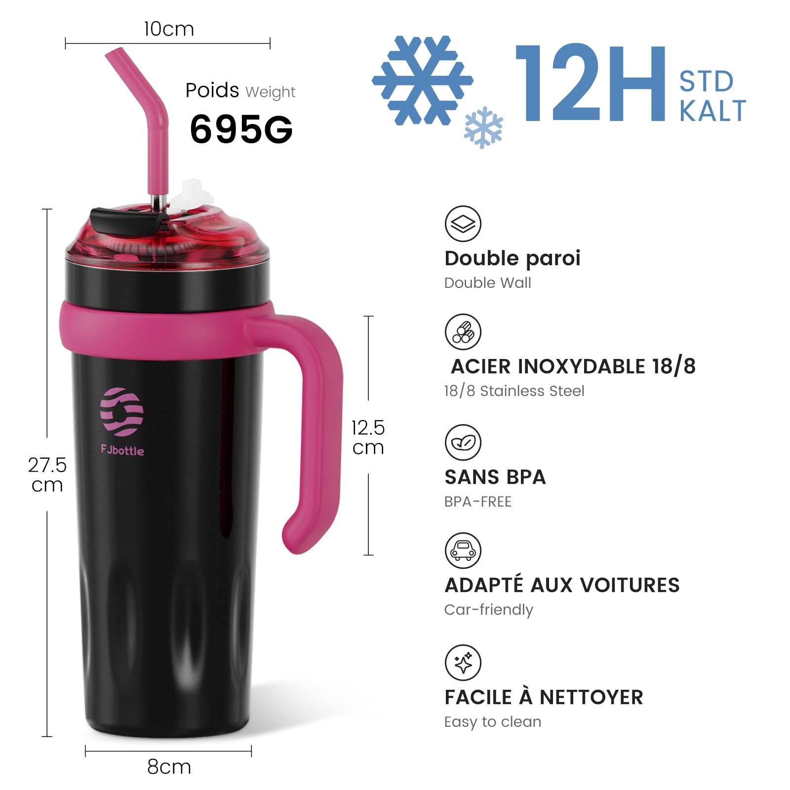 Belle Vous Mug Isotherme Avec Paille, Couvercle & Poignée En Acier Inoxydable - 880 Ml Mug Isotherme