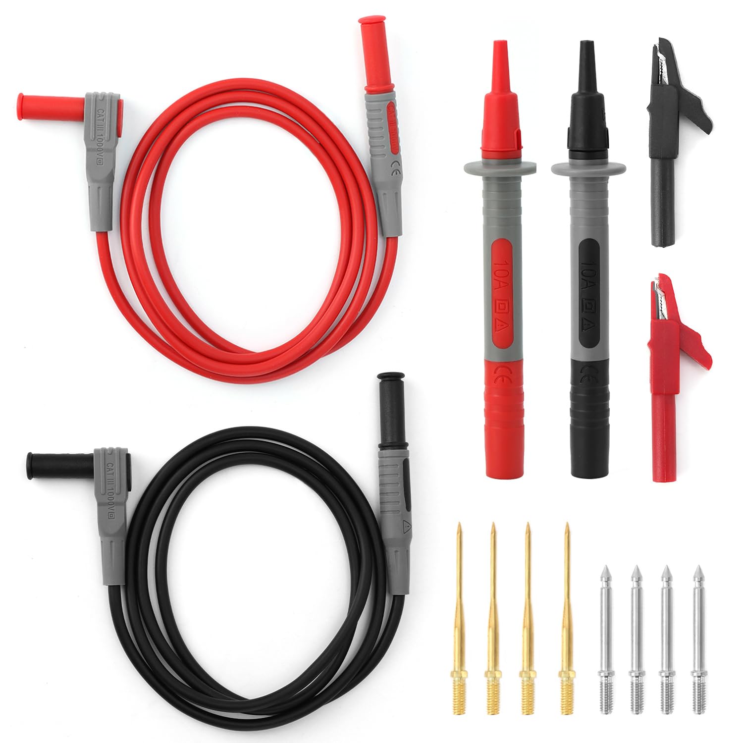 QWORK® Kit di puntali per multimetro, cavi di prova con spina a banana da 1 m, morsetti a coccodrillo, aghi sostituibili, penne di prova