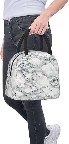 Miniatura 8 de Fiokroo Bolsa de almuerzo aislada de mármol blanco y negro, reutilizable, impermeable, bolsa de almuerzo para escuela, trabajo, universidad, viajes