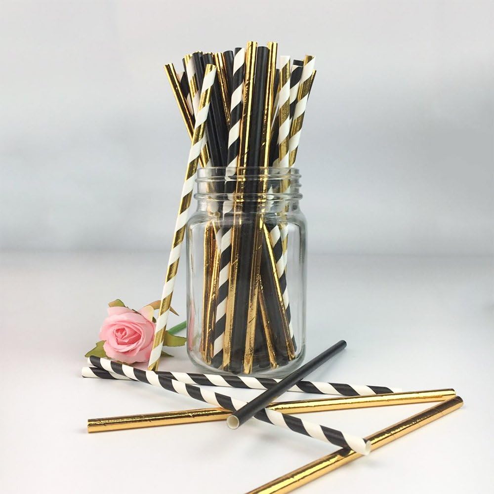 Biodegradable Stripe Straws Gold and Black Paper Drinking Straws for Party 100 Pcs 7.75 Inches for Adult and Kids