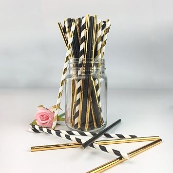 Biodegradable Stripe Straws Gold and Black Paper Drinking Straws for Party 100 Pcs 7.75 Inches for Adult and Kids