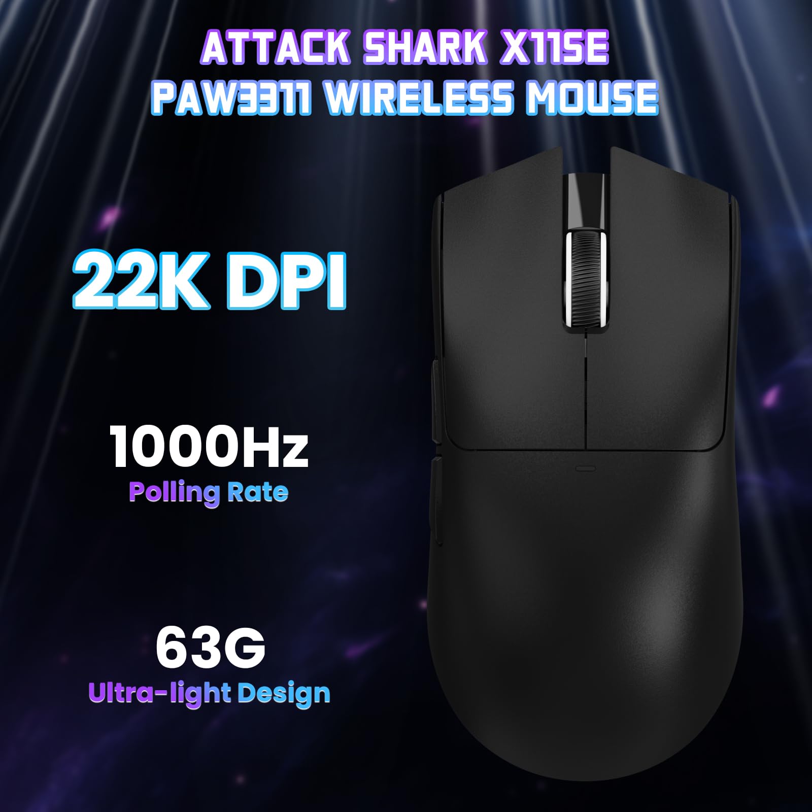 ATTACK SHARK X11SE Kabellose Gaming-Maus, 63g Superleicht, mit PixArt PAW3311-Sensor, 22000 DPI, Tri-Mode BT/2,4 GHz/Kabelgebunden, 1000Hz, 300mAh Battery, Dual-Treiber, für PC/Xbox/PS/Mac, Schwarz - 3