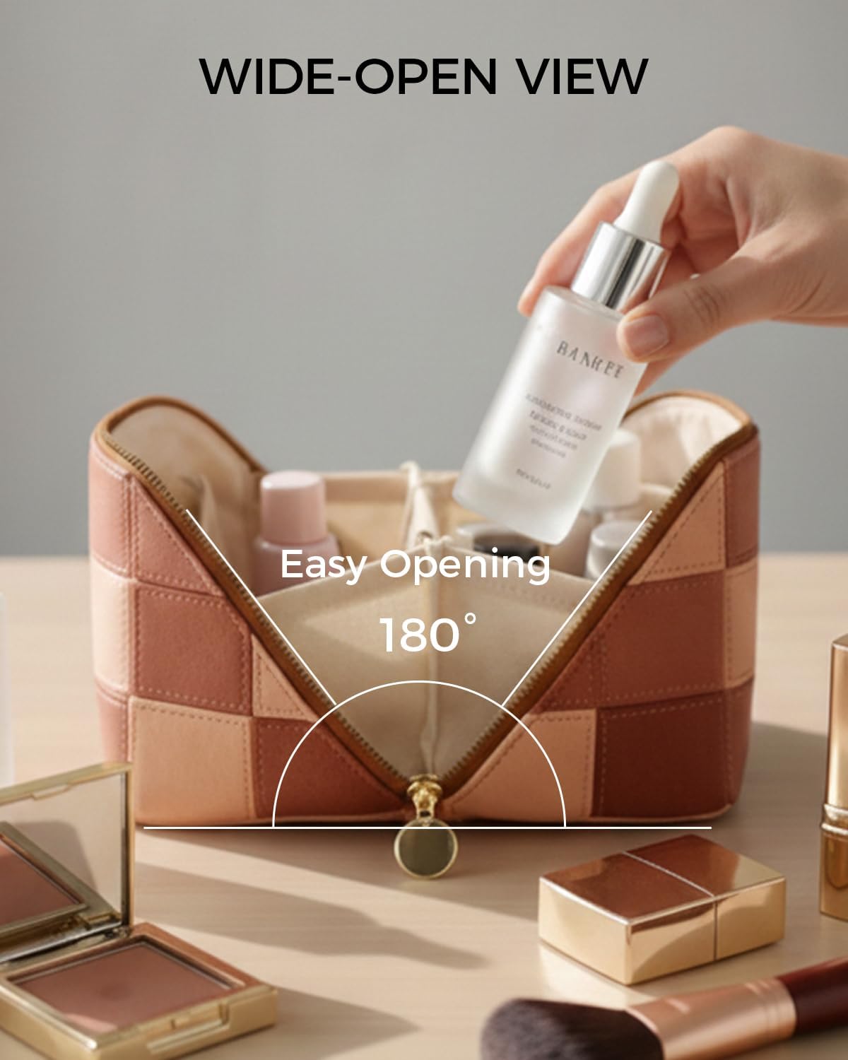 Travel Makeup Bag Organizer with TSA Approved Clear Pouch, Large Capacity Cosmetic Case with 180° Wide Open Design, Portable Toiletry Bag with Dividers for Brushes & Toiletries - Image 2