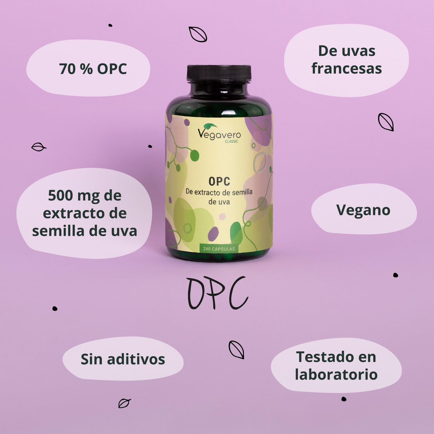 Vegavero OPC 500 mg | Extracto de Semilla de Uva | 70% OPC | Antioxidante Natural, Salud Cardiovascular y Anti-Aging | 240 Cápsulas | Testado en Laboratorio | Sin Aditivos y Vegano
