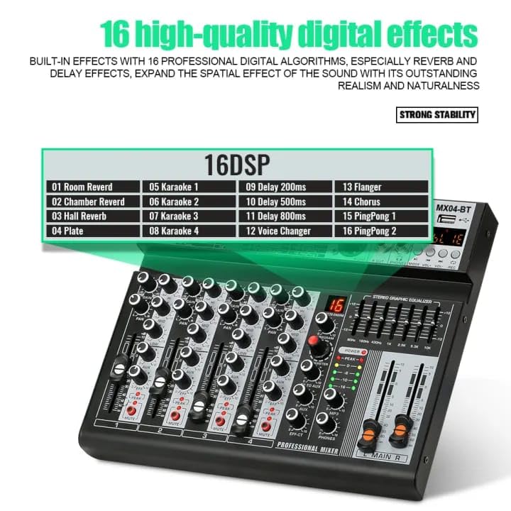 kh 4 Channel Professional Audio DJ Mixer Built-In EQ/16DSP/Recording Mode Reverb Bluetooth/PC/USB/MP3 Playback Concert Karaoke Home Singing Live Audio Equipment 48V Phantom Power For Each,Black - Image 8 thumbnail