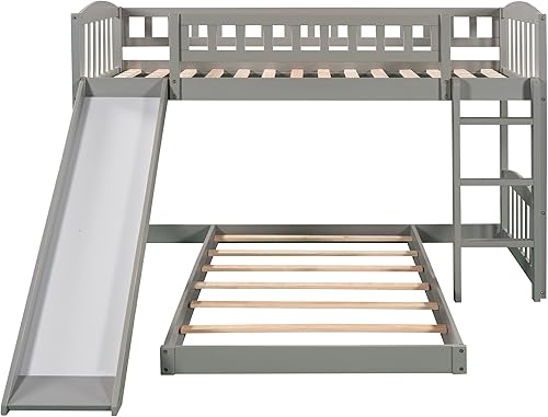 Miniatura 12 de Harper & Bright Designs Cama baja de tamaño individual con tobogán y escalera, cama alta junior para niños, cama alta de madera individual para
