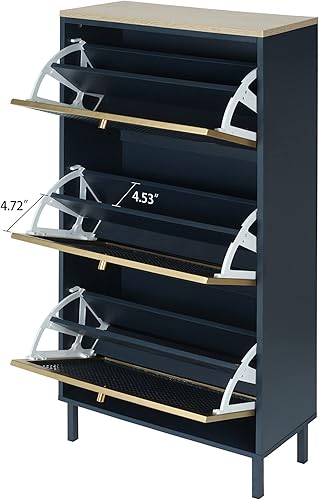 Miniatura 5 de ZeHuoGe Zapatero de ratán de metal con 3 cajones abatibles de metal, moderno armario de almacenamiento de 3 niveles para tacones, zapatillas,