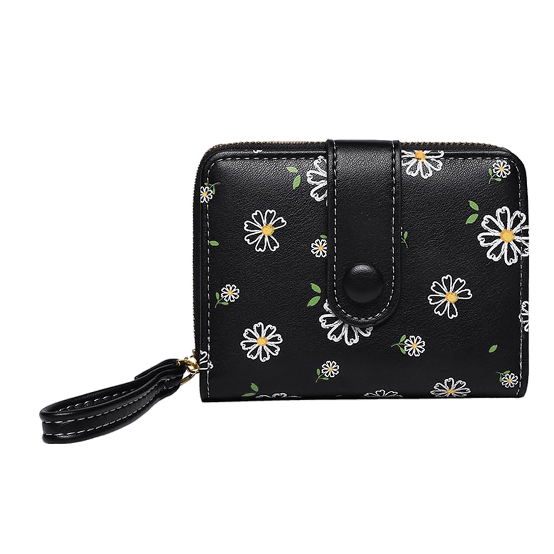 Sunwel Fashion Cute Daisy Flowers Print Wallets with Exterior Zipper Around Coin Purse Bifold Bill Wallet with Credit Card Holder Id Window