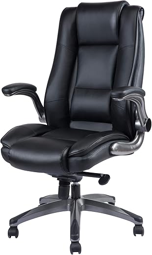 REFICCER Office Chair High Back Leather Executive Computer Desk Chair - Adjustable Tilt Angle and Flip-up Arms Swivel Chair Thick Padding for Comfort and Ergonomic Design for Lumbar Support, Black