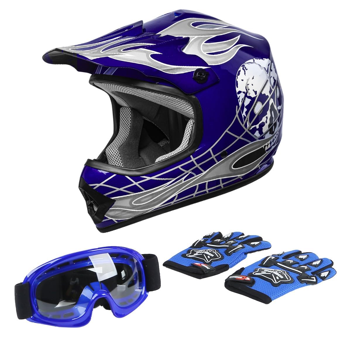 TCT-MOTORPARTS DOT Youth Kids Motocross ATV Helmets Offroad Street Dirt  Bike Go-Kart BMX MX Full Face Helmet Blue Skull Samll Size