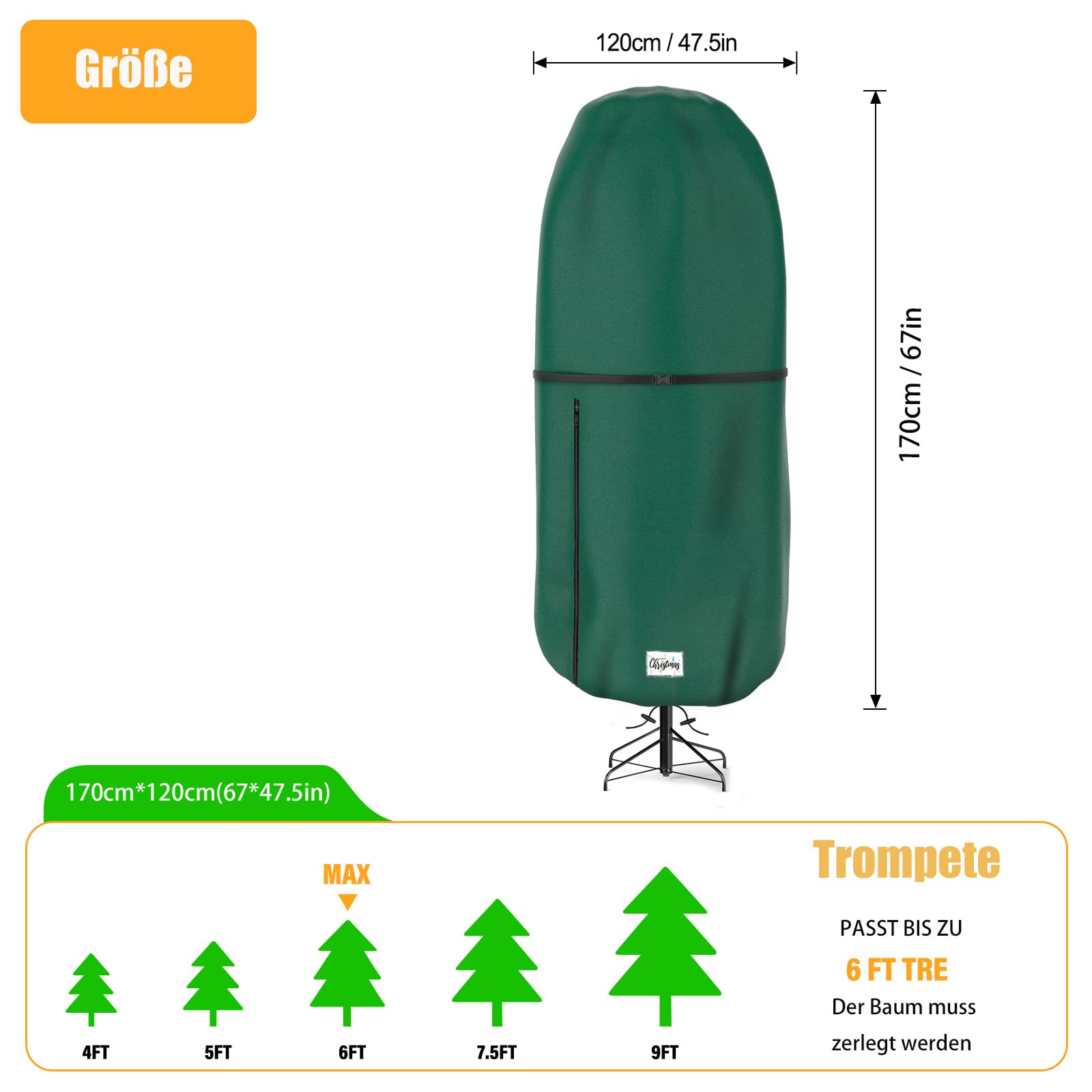 Aufrechte Weihnachtsbaum Aufbewahrungsabdeckung, reißfest verstellbar Weihnachtsbaumabdeckung Aufbewahrungstasche für künstlichen Baum stehend mit Ornamenten, wasserdicht, staubdicht (Grün, S)
