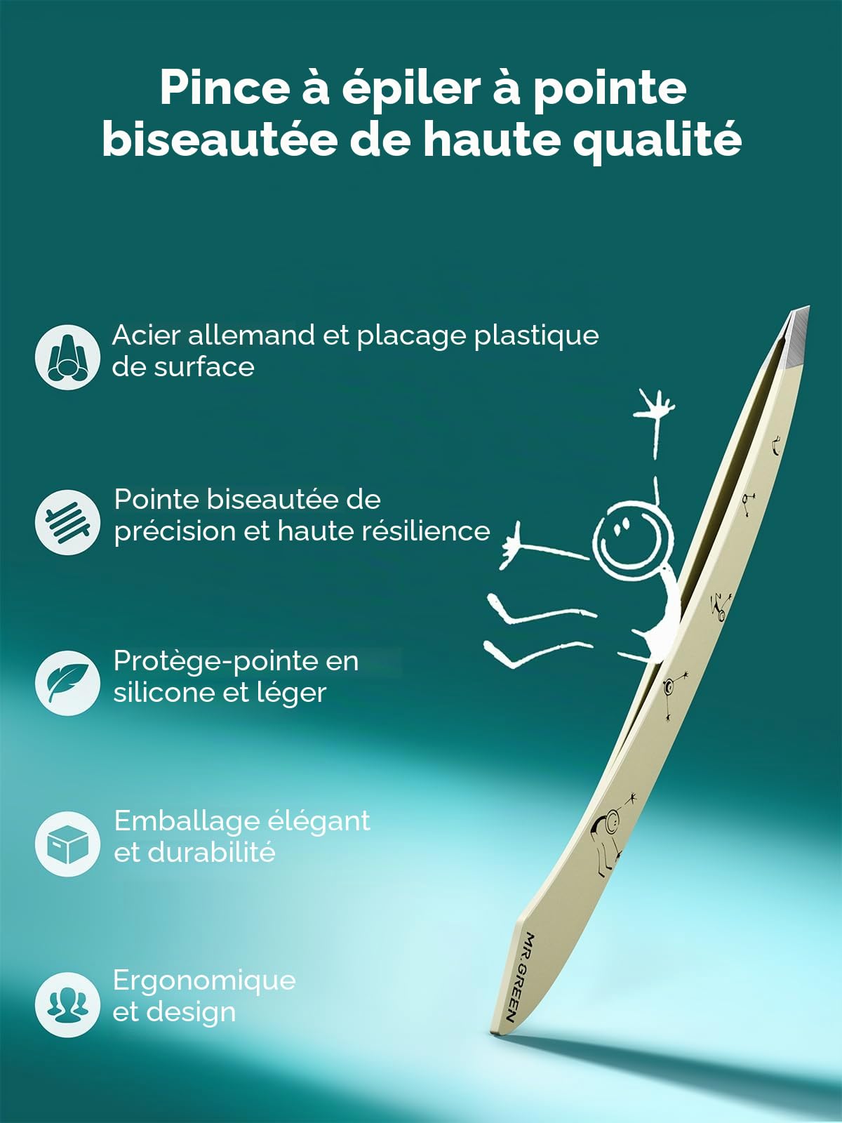 MR.GREEN Pince à épiler pour sourcils et poils du visage, pince à épiler professionnelle en acier inoxydable pour femmes et hommes, pince à épiler inclinée mignonne pour une épilation facile