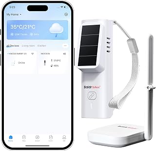 BaldrTherm Solar WiFi Thermometer Sensor, Smart Wireless Temperature Humidity with App Notification Alert, Date Storage, Remote Monitor for Room Greenhouse, 1pack