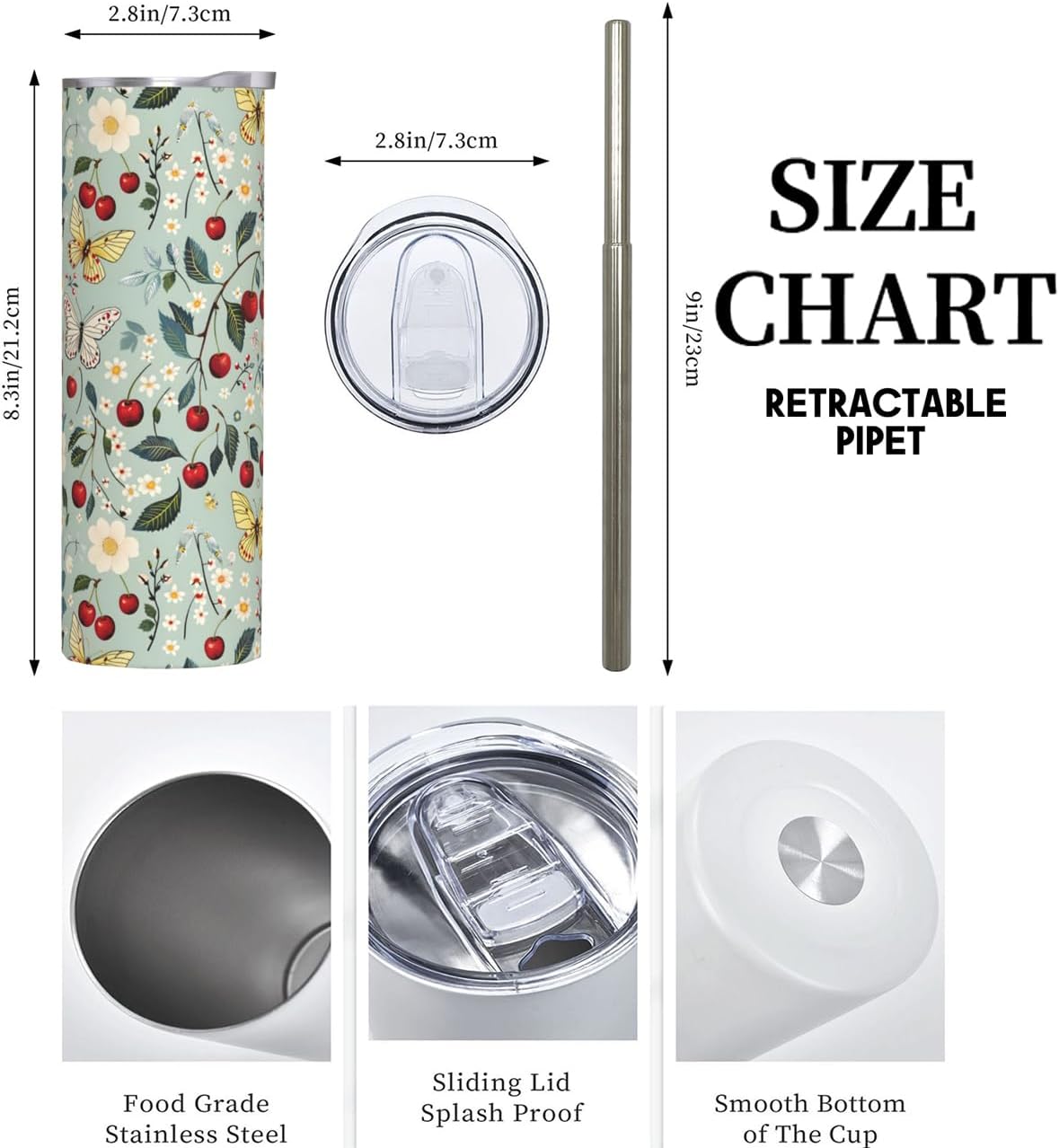 Vintage Butterfly and Cherry Stainless Steel Insulated Tumbler with Lid - 20oz Floral Travel Mug,Reusable Metal Straw & Brush, Double-Wall Vacuum Bottle Cup for Hot and Cold Drinks Gifts - Image 2