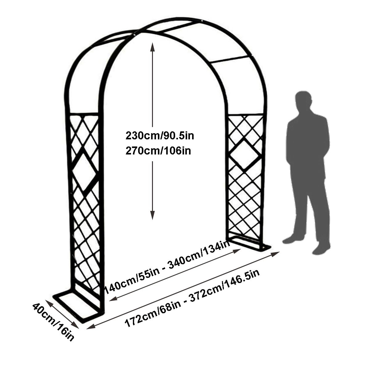 Wytrzymały metalowy łuk ogrodowy 230 cm do 269 cm, regulowana krata, do pnących roślin i winorośli, odporna na warunki atmosferyczne, pergola z 2 podstawowymi wspornikami, zielona szer. 140 x wys. 106