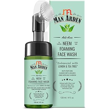Man Arden Anti Acne Neem Foaming Face Wash with Built-in Brush - Helps Fight Acne, Cleanses Dirt And Dullness - Infused With Olive Leaf Extract And Aloe Vera, 120ml