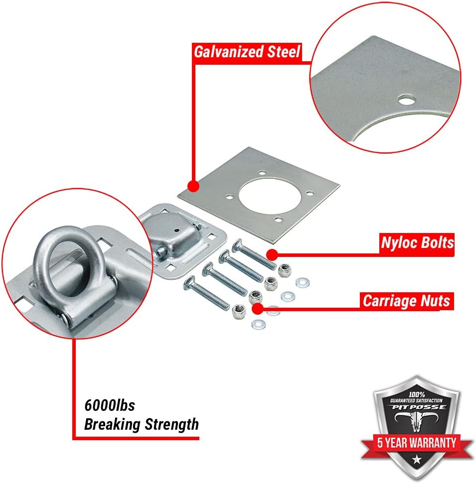 Pit Posse 11005K-4 Cargo Trailer Recessed Pan D Ring Floor Rope Anchor Tie Down - 6,000 Lbs. Breaking Strength - 4 Mountings Points - with Washers & Mounting Hardware[4 Pack]