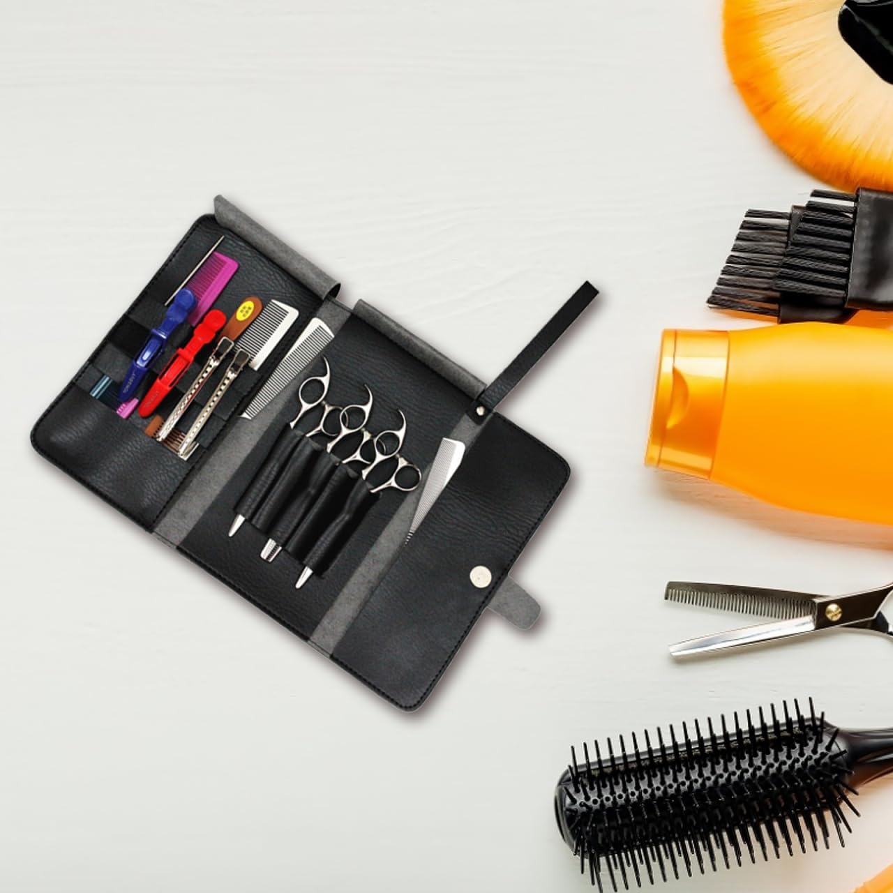 Angoily Foldable Hairdressing Tool Bag 15X10X0.4In Portable Barber Shears Case with Large Capacity for Professional Hairdresser Scissors and Styling Tools Salon and Home Organizer