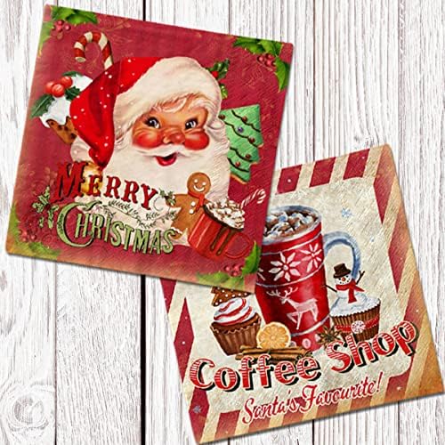 Vintage Christmas Napkins Decoration,40pcs Retro Red Merry Christmas Napkins with Santa Gingerbread Coffee Shop for 2022 Xmas Winter Holiday (Red)