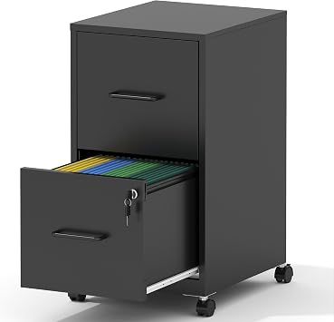 2 Drawer Mobile File Cabinet, Metal Under Desk Filing Cabinet with Lock and Wheels, Home Office Rolling File Cabinet for Legal/Letter Hanging File Folders, Un-Assembled, Black