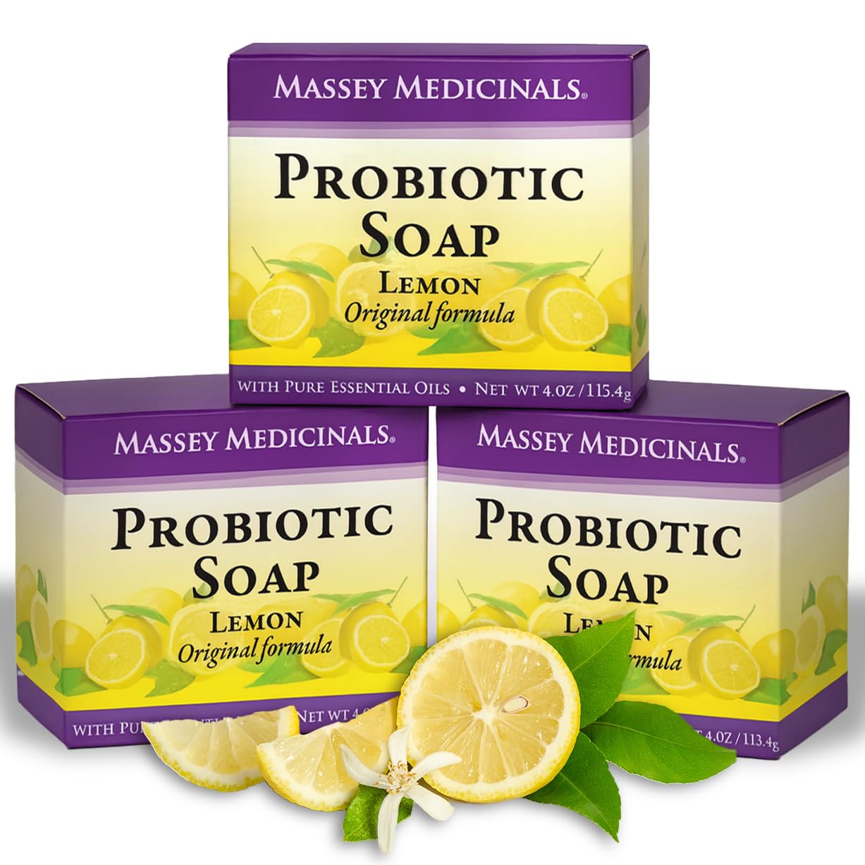 Massey’s CF 100% Natural Probiotic Soap - Powerful Tea Tree and Lemon Body Soap - 4oz Lemon Scent- Pack of 3