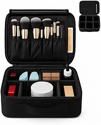 Maleta Necessaire Profissional para Maquiagem, 25 x 23 x 10 cm, Preta, com Divisórias Ajustáveis, Porta Pincéis, Impermeável, Ideal para Viagem