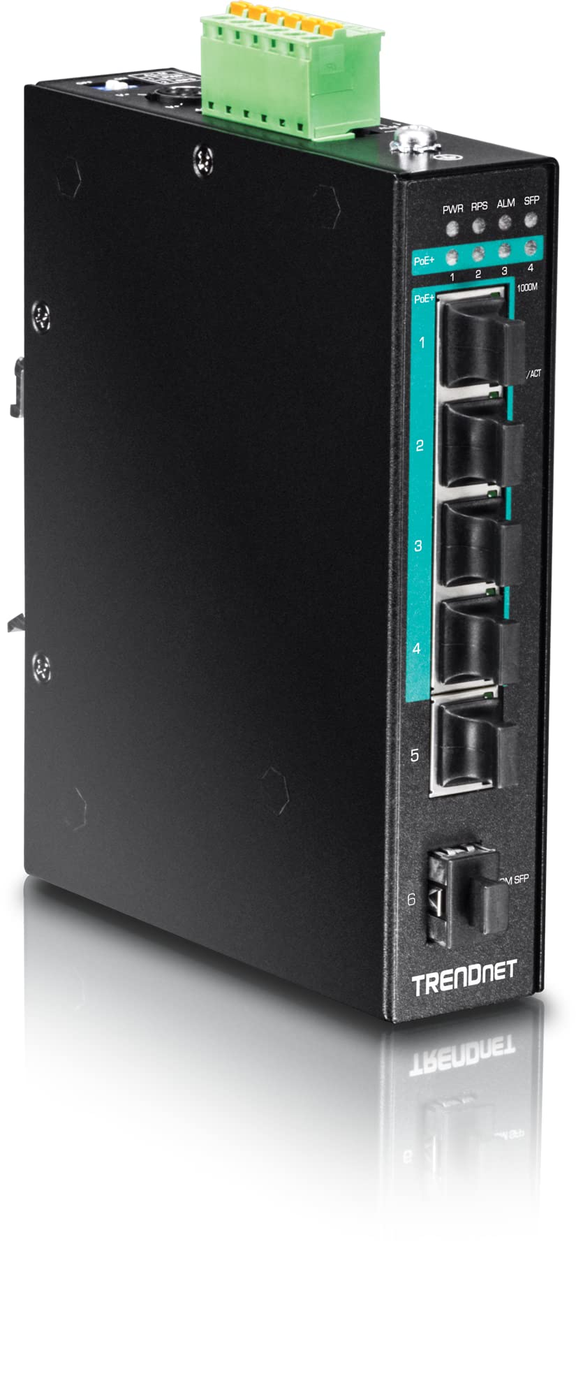 TRENDnet6-Port Hardened Industrial Gigabit Poe+ Layer 2 Managed DIN-Rail Switch, 4 x Gigabit PoE+ 802.3at Ports, 1 x Gigabit Port, 1 x Gigabit SFP Slot, 120W Power Budget, Black, TI-PG541i