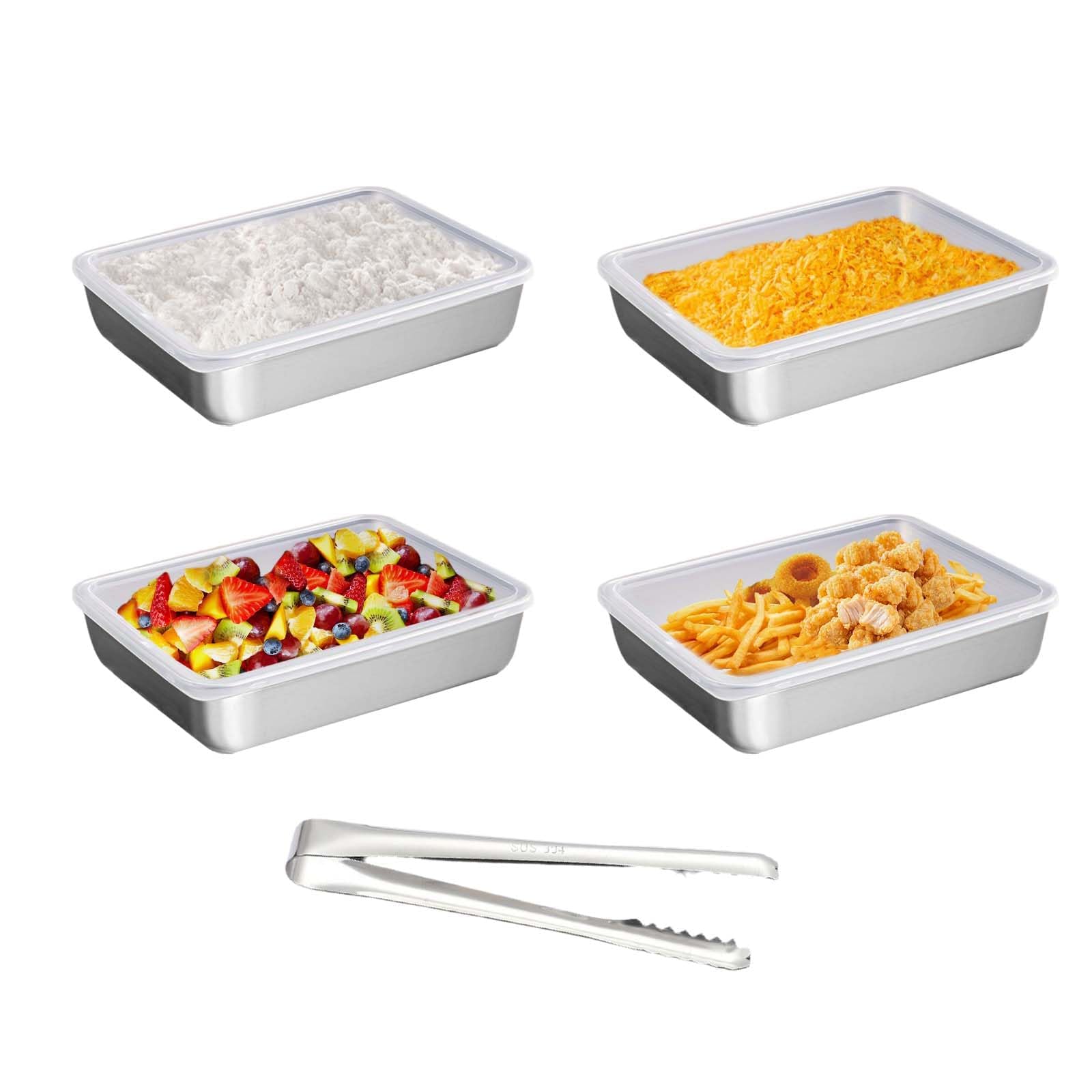 4 Piezas Bandeja para Hornear con Juego de Tapas,25*20*5cm bandejas de horno de acero inoxidable con tapa,juego de empanado,Con clip para alimentos, adecuado para pescado, carne, verduras, pan, etc.