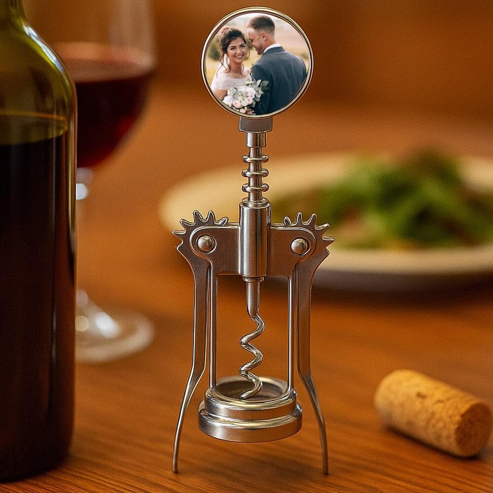 Cavatappi metallico personalizzato con le tue foto – Apribottiglie a leve classico con stampa di 2 immagini – Idea regalo originale per appassionati di vino