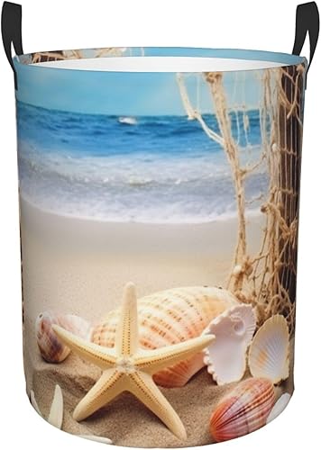 Cesta circular impermeable con estampado de estrellas de mar y conchas marinas, con asas para ropa, juguetes, tamaño mediano