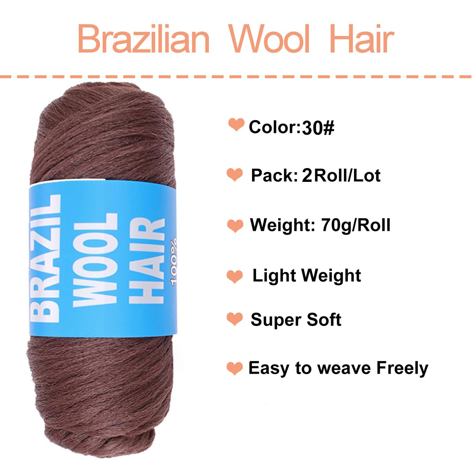 Mscat 2 Roll Brown Brazilian Wool Hair Acrylic Yarn for Hair Crochet African Braids Sengalese Twisting Jumbo Braids Box Braids Faux Locs Synthetic Hair Extension 70G/Roll(30#) - Image 2