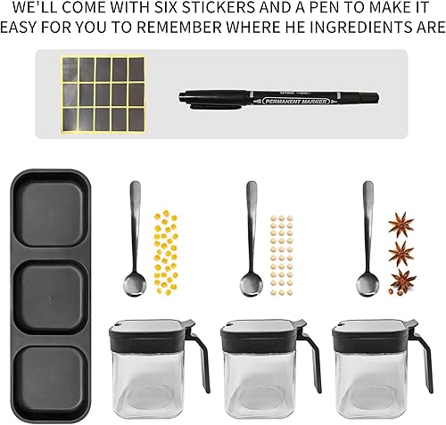 Miniatura 7 de Tarros de especias de cristal (3 piezas), recipientes de condimento con tapas y cucharas de acero inoxidable 304, recipientes de condimentos de