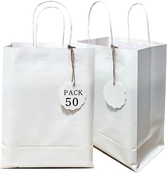 sugormek 50 Pcs 8x4.5x10.8 Inches White Kraft Paper Shopping Gift Bags with DIY Tags Have Serrated Edge Tops and Sturdy Paper Twisted Handles for Wedding,Retail, Party, Shopping, Favor.