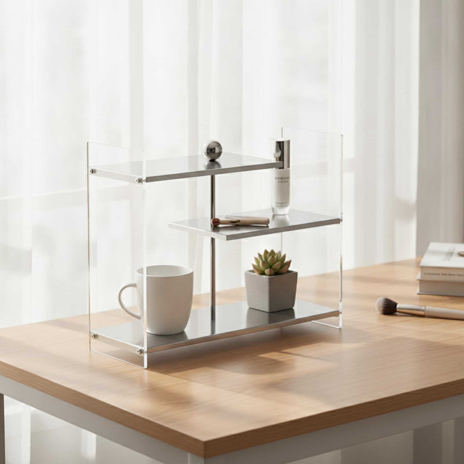Étagère Comptoir avec Marches Étagé Présentoir Table avec Étagères Polyvalent Organisateur Maquillage Étagères pour Coiffeuse, Argent