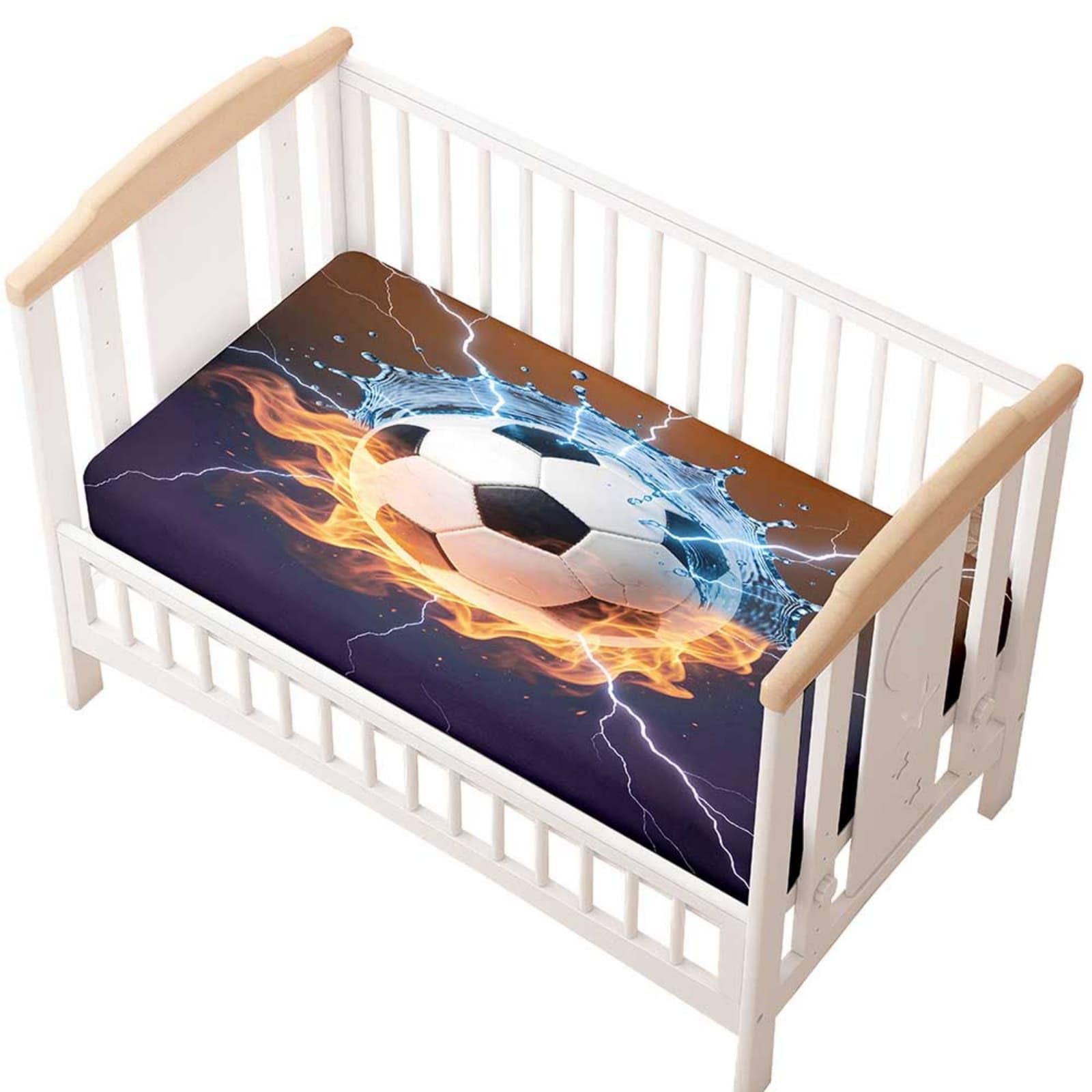 Odot Cot Bed Fitted Sheet, Moses Basket Fitted Sheet 3D Football Pattern Soft Microfibre Crib Bedsheets Bassinet Bedsheet Mattress Protector for Kids Boy Girl (Water & Flame,80x160cm)