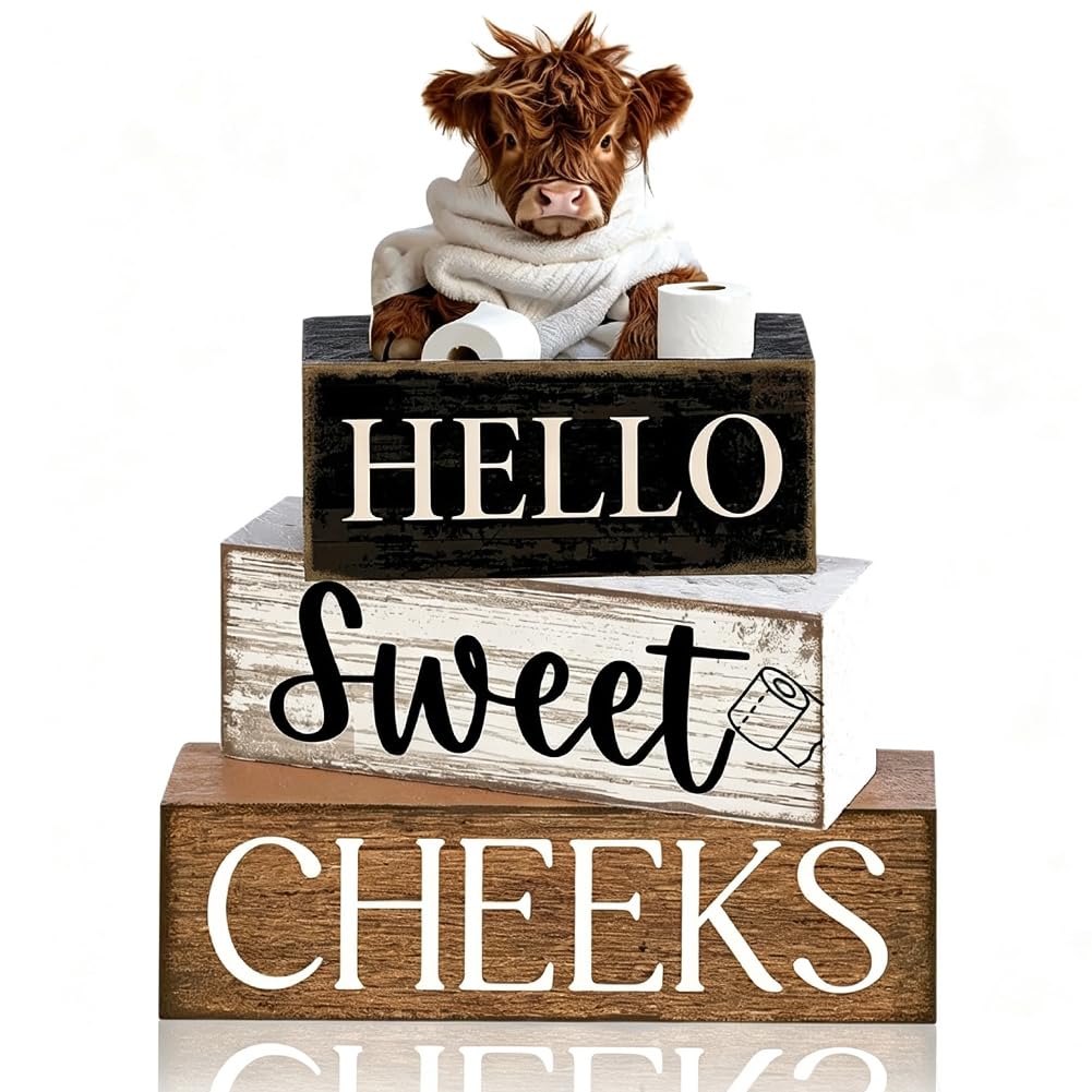 HATFRYF Highland Cow Ornaments Decor Set, 4PCS Highland Cow Decor, Wooden Bathroom Decor with Farmhouse Style, Home Ornaments for Living Room & Bedroom, Hello Sweet Cheeks Table Decoration
