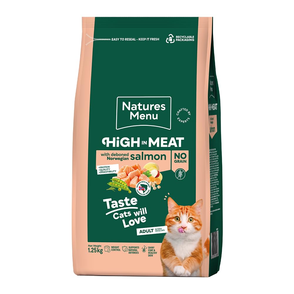 Natures Menu High in Meat - No Grain Dry Food for Adult Cats with Norwegian Salmon - 1,25kg