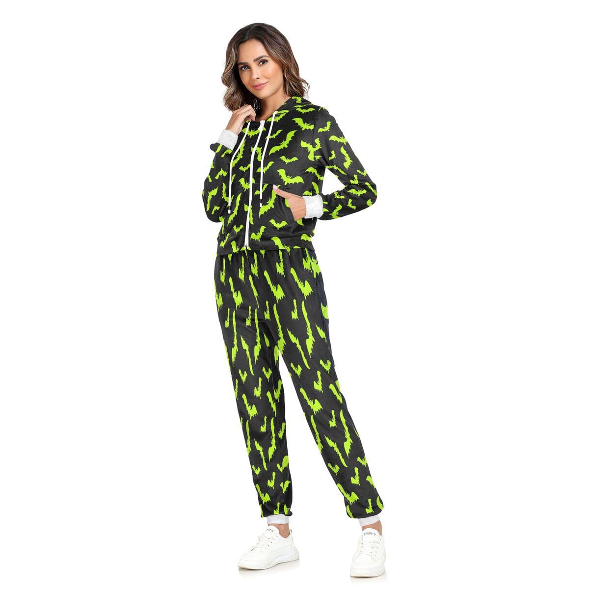 Conjunto deportivo de 2 piezas para mujer, diseño de murciélagos verdes, conjunto deportivo de manga larga para Halloween