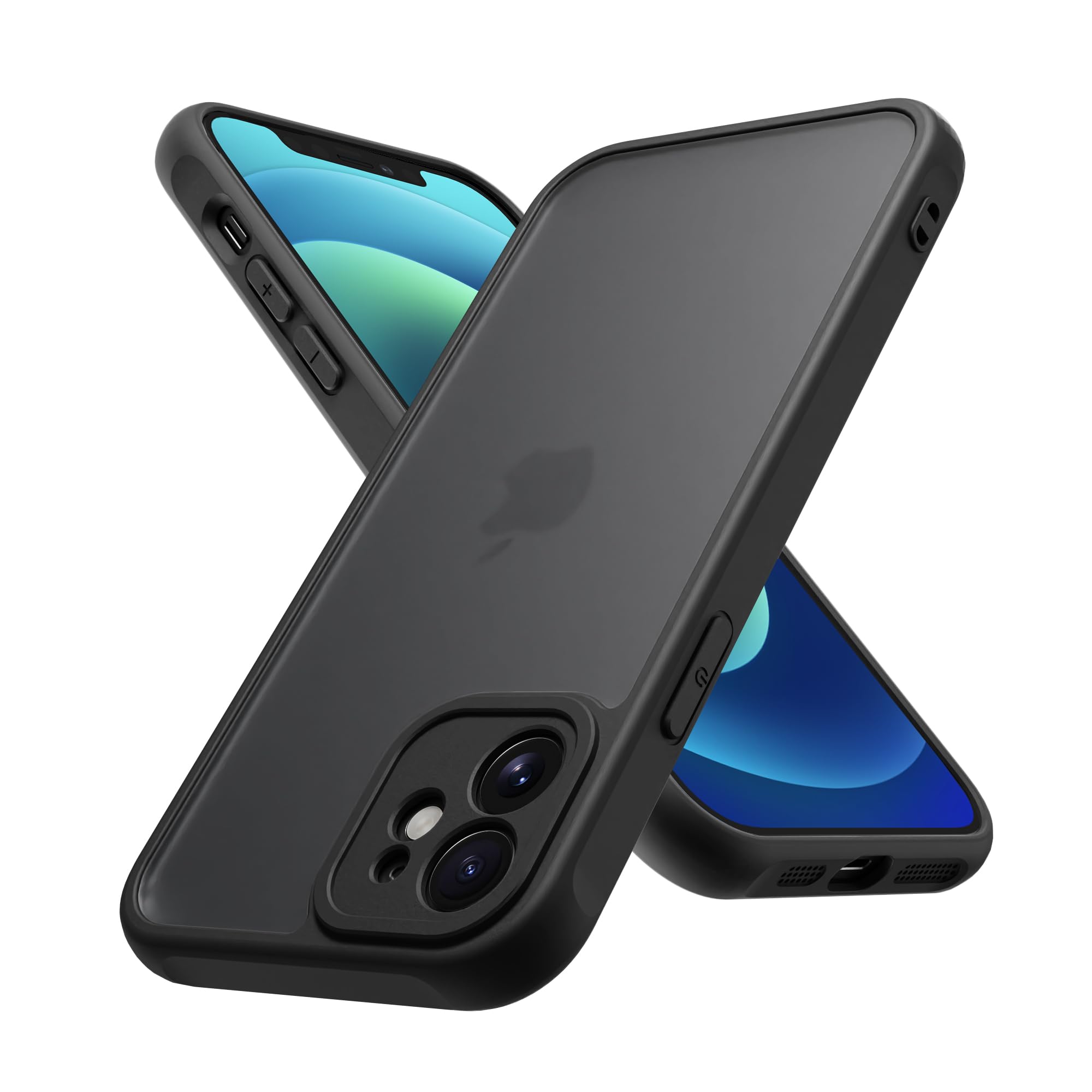 PinLiSheng iPhone12 ケース マット 半透明 スマホケース iphone 12 カバー 耐衝撃 指紋防止 ストラップホール付き 米軍MIL規格 黄変防止 6.1インチ 対応 (ブラック, iPhone12)